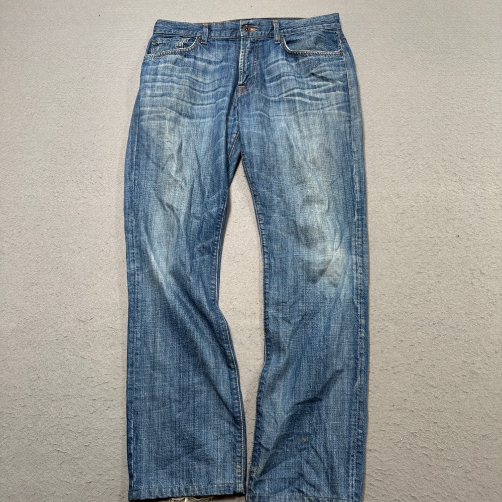 7 For All Mankind Jeans Mens 36 Blue Denim Straight Leg Distressed Whiskered USA